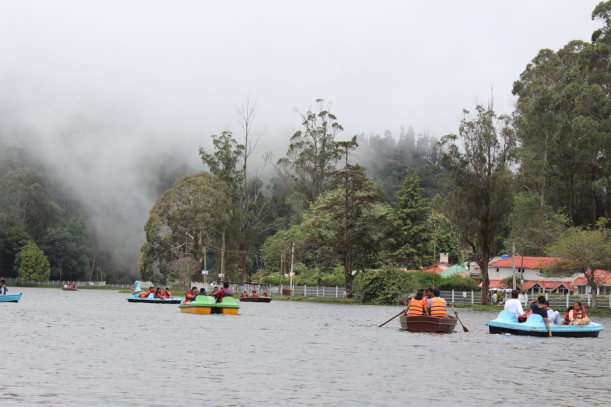 Boats on Kodaikanal Lake with mist over the forested hills, Tamil Nadu